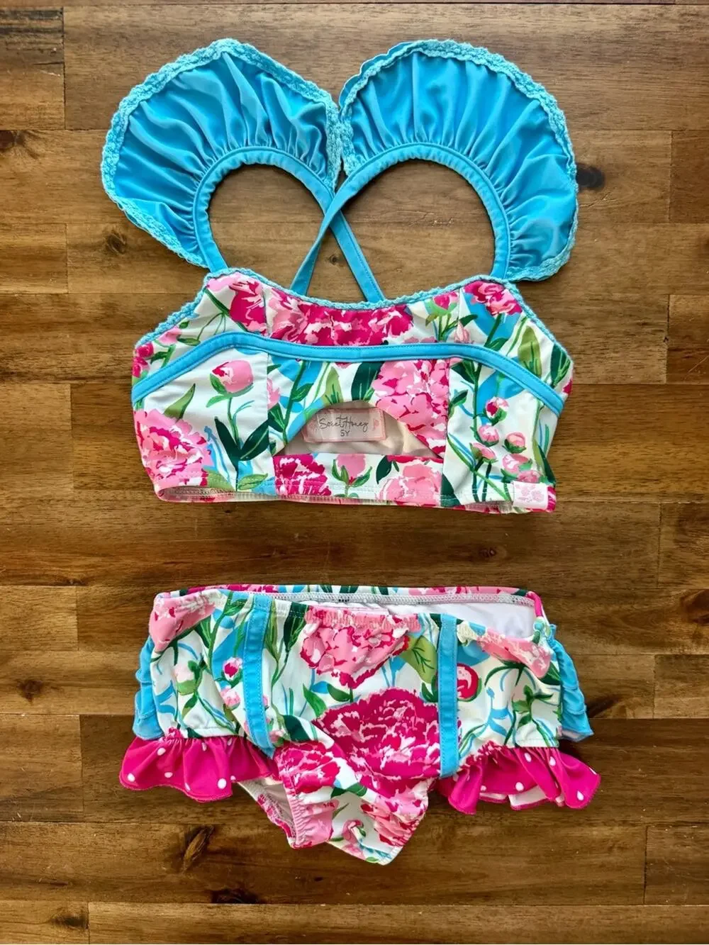 SweetHoney Girls Retro Tankini Remix Bright Peonies Bikini Two Piece 5 Blue Pink